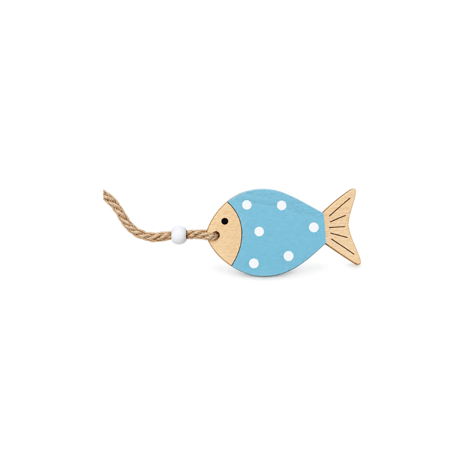 Kleiner maritimer Holzfisch Anhänger in Natur, Blau und Weiß mit Juteband und weißer Holzperle, ca. 8 × 4,5 cm gepunktet hellblau weiss