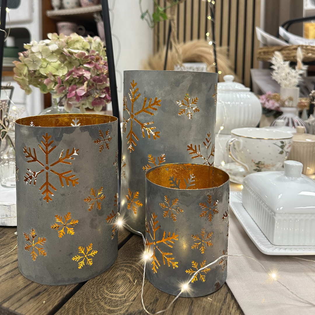 Laterne - Schneeflocken - gold-silber