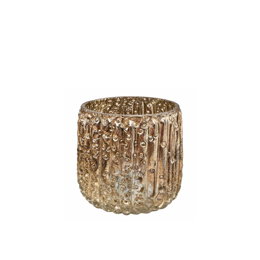 Kleines Windlicht aus strukturiertem Glas in Gold-Braun mit reliefartiger Oberfläche, ca. 7 x 9 cm.