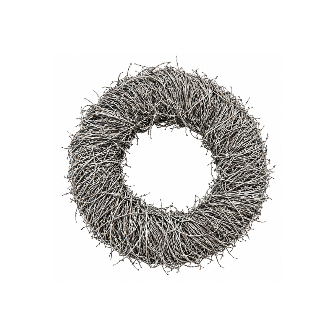 Geweißter Rebenkranz aus Naturzweigen in grau-weißer Optik, ca. 25 cm Durchmesser und 8 cm breit, für Tür-, Wand- und Tischdeko.