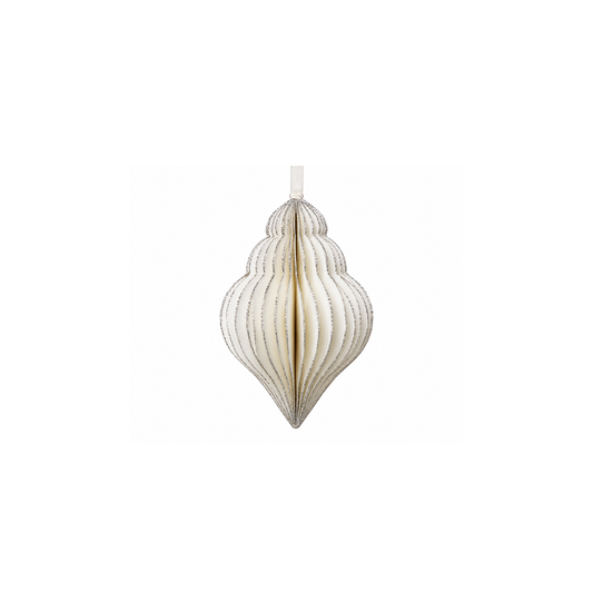 Faltbares Papierornament in Nussform in Weiß mit feinem silberfarbenem Glitzerrand und Band zum Aufhängen, ca. 10,5 x 6,5 cm.