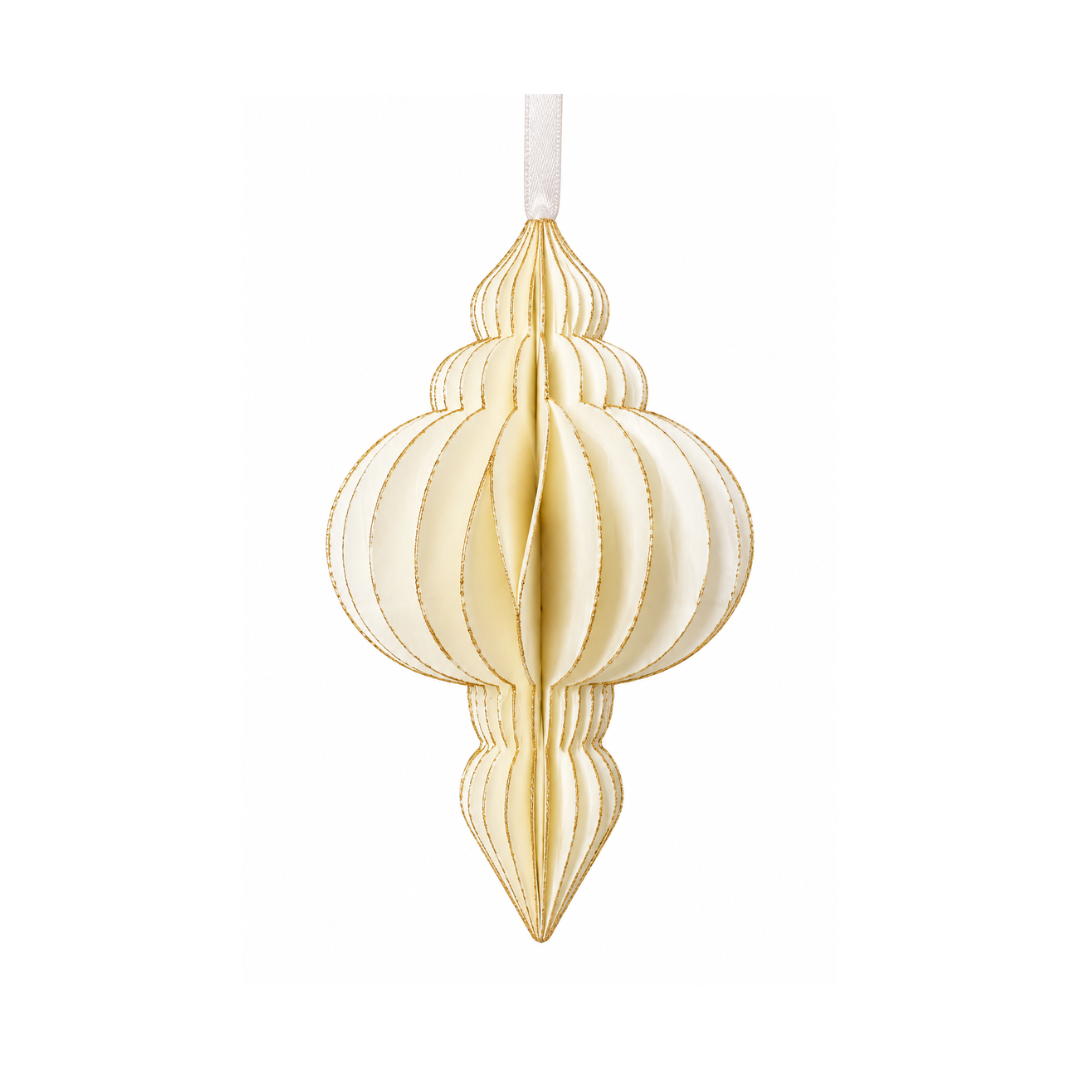 Papierornament in Weiß mit goldfarbenem Glitzerrand in dekorativer Tropfenform, faltbar, mit Band zum Aufhängen, ca. 13 x 10,5 cm.