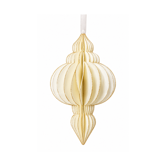 Papierornament in Weiß mit goldfarbenem Glitzerrand in dekorativer Tropfenform, faltbar, mit Band zum Aufhängen, ca. 13 x 10,5 cm.