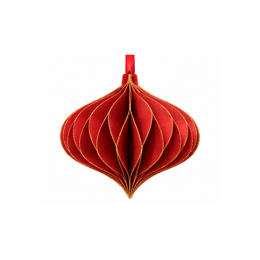 Faltbares Papierornament in Zwiebelform in gedecktem Rot mit feinem goldfarbenem Glitzerrand und rotem Band, ca. 11 x 12 cm.