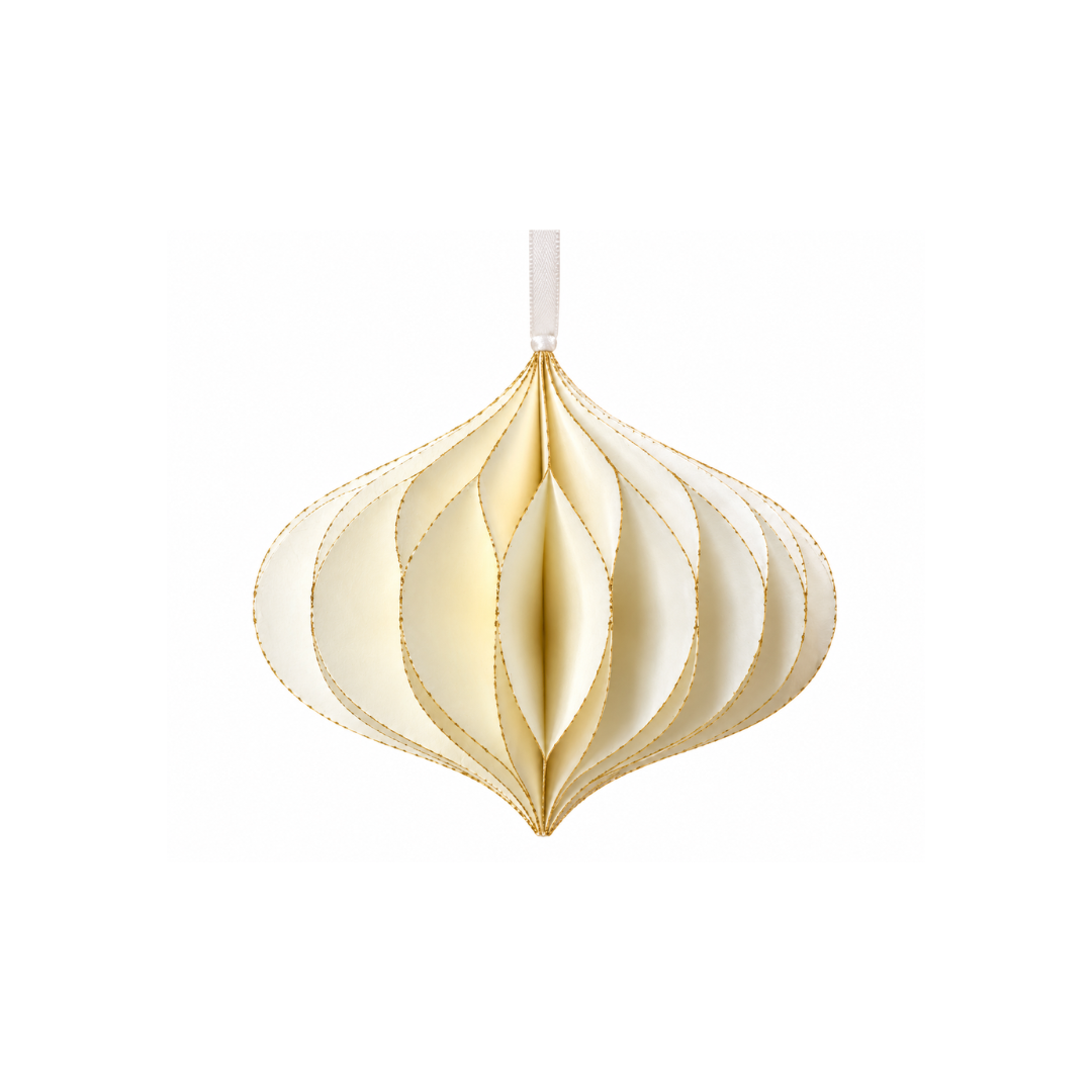 Papierornament in Zwiebelform in Weiß mit goldfarbenem Rand, dekorativer Wabenoptik und Band zum Aufhängen.