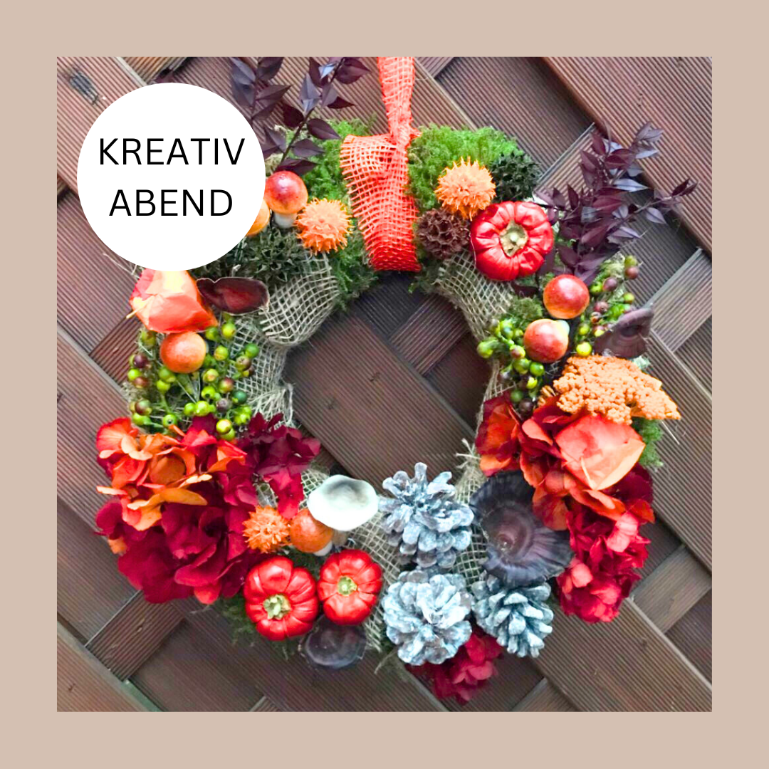 Herbstkranz basteln am 27. September beim verkaufsoffenen Sonntag – kreatives Gestalten eines ca. 25 cm großen Tür- oder Fensterkranzes.