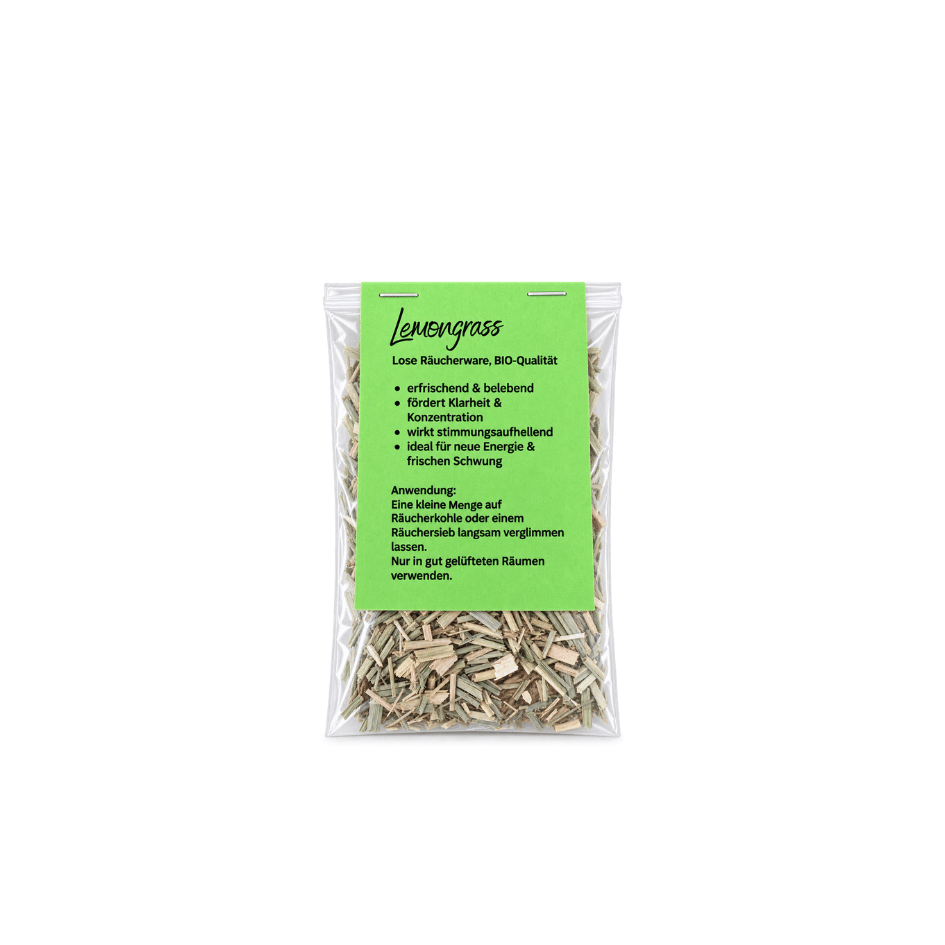 15 g loses BIO Lemongrass Räucherwerk im Tütchen mit getrocknetem Zitronengras sowie Etikett mit Bedeutung und Anwendungshinweis.