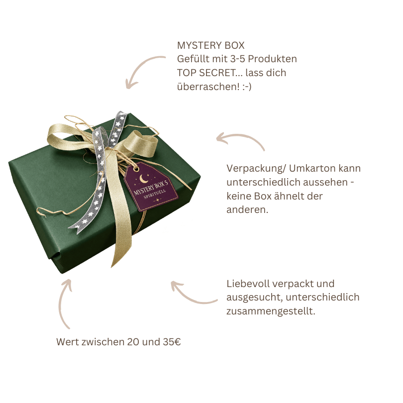 Mystery Box Nr. 5 Spirituell mit 3 bis 5 liebevoll ausgewählten Überraschungen rund um Achtsamkeit, Rituale und bewusste Momente.