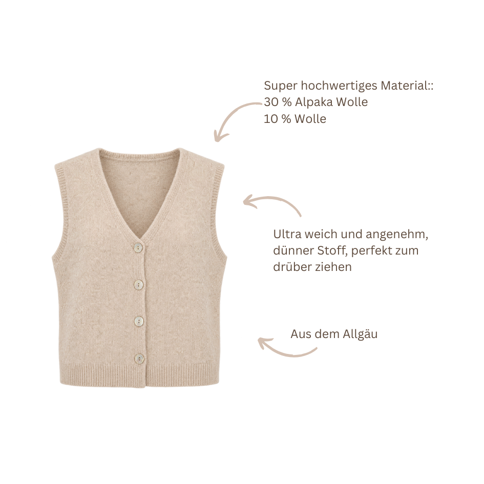 Kurze Damen-Alpaka-Weste in Natur von Sarah + Sally mit flauschiger Strickstruktur und durchgehender Knopfleiste.