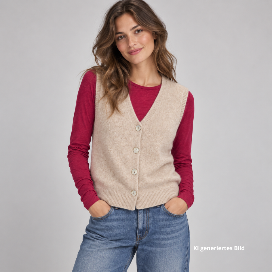 Kurze Damen-Alpaka-Weste in Natur von Sarah + Sally mit flauschiger Strickstruktur und durchgehender Knopfleiste.