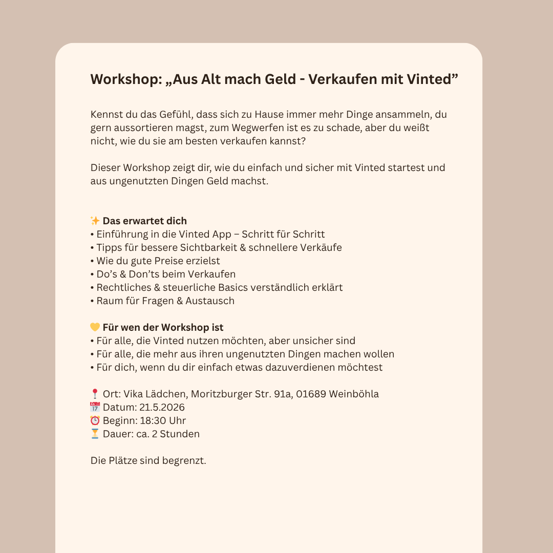 Event 21. Mai 18:30 • Vinted Workshop – Verkaufen lernen und Geld verdienen