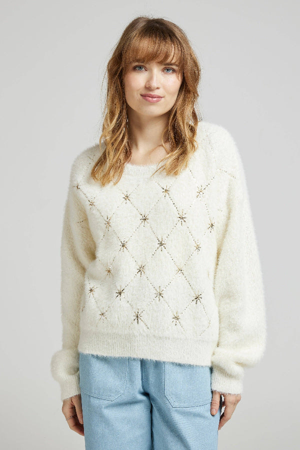 Flauschiger Damen Pullover mit Rundhalsausschnitt, lockerer Passform und goldfarbenen Pailletten für elegante und festliche Looks.