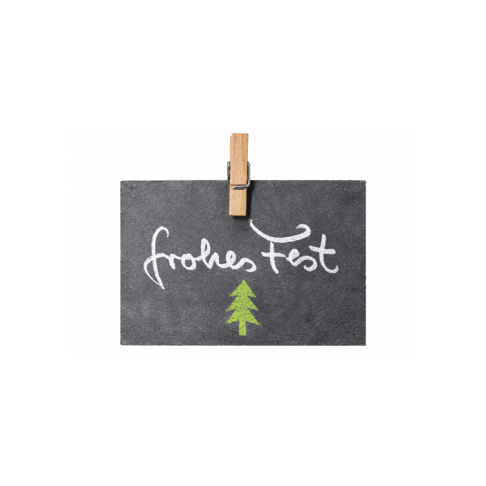 Kleine feste Weihnachtskarte „Frohes Fest“ in Grau mit grünem Tannenbaum und Klammer, ca. 10,5 × 7,3 cm, B-Ware im Vintage-Look.